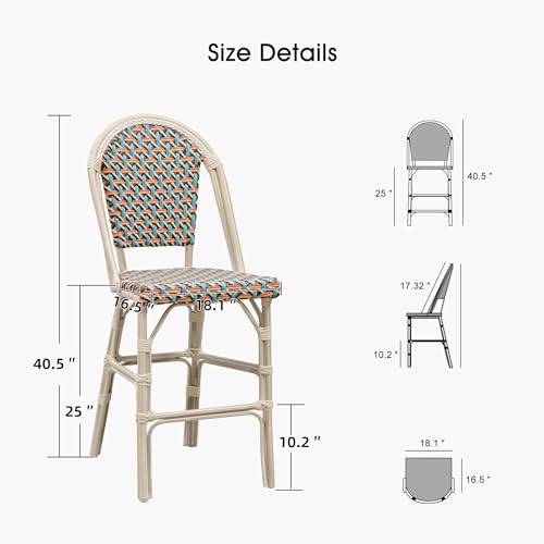 PURPLE LEAF French Counter Height Bar Stool Set of 2 25 White Print Finish Patio Bar Chairs with Back Rattan Bar Chairs French Bistro Set for Kitchen Outdoor Counter Stool Colorful - Image 6