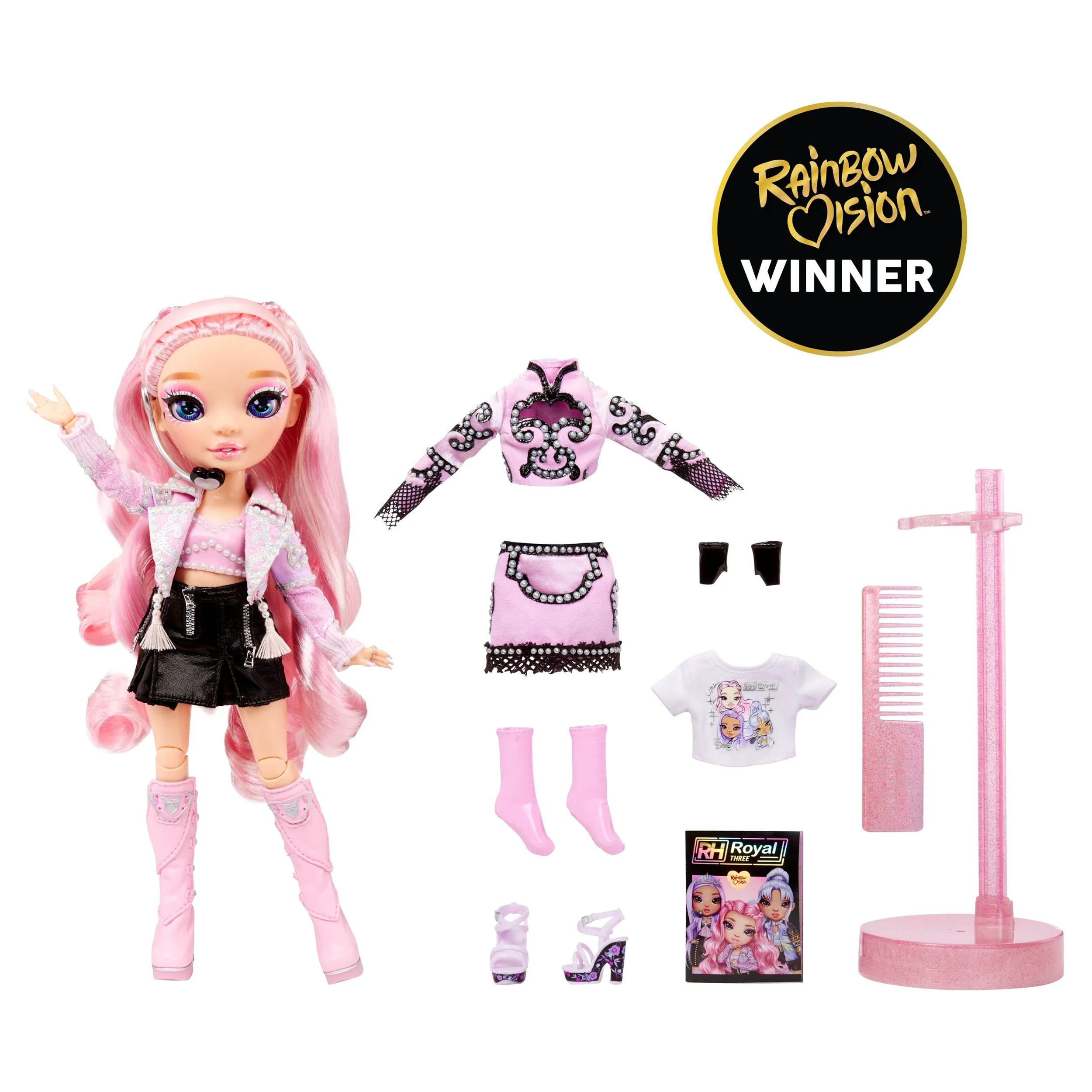 Rainbow High Rainbow Vision Royal Three K-pop ?C Minnie Choi (Pink Lavender) Fashion Doll. 2 Designer Outfits to Mix & Match w/ Microphone Headset & Band Merch Playset, Gift for Kids 6-12 - Image 2